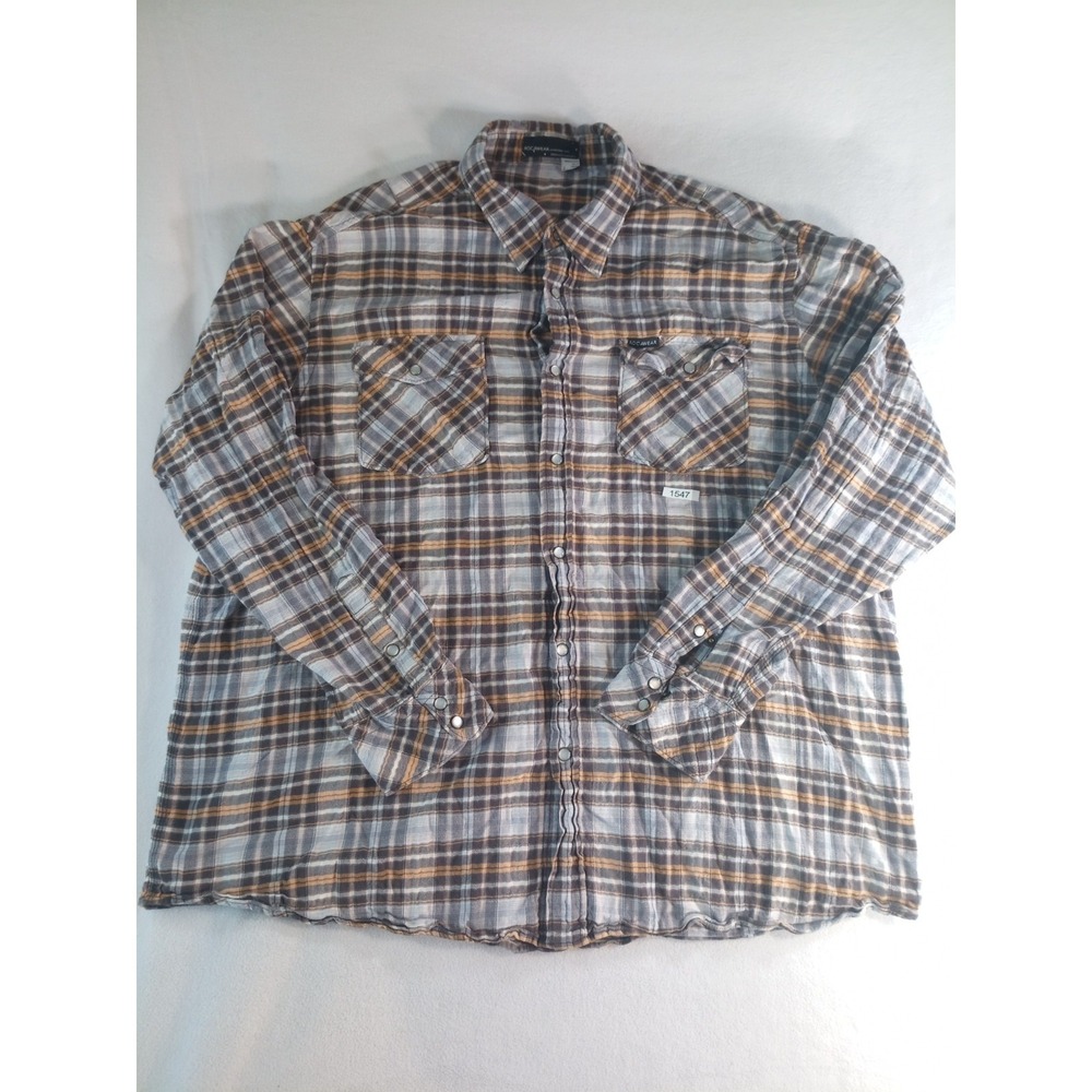Rocawear Mens 2XL Plaid Snap Button Shirt Brown Gray Long Sleeve Casual (P)